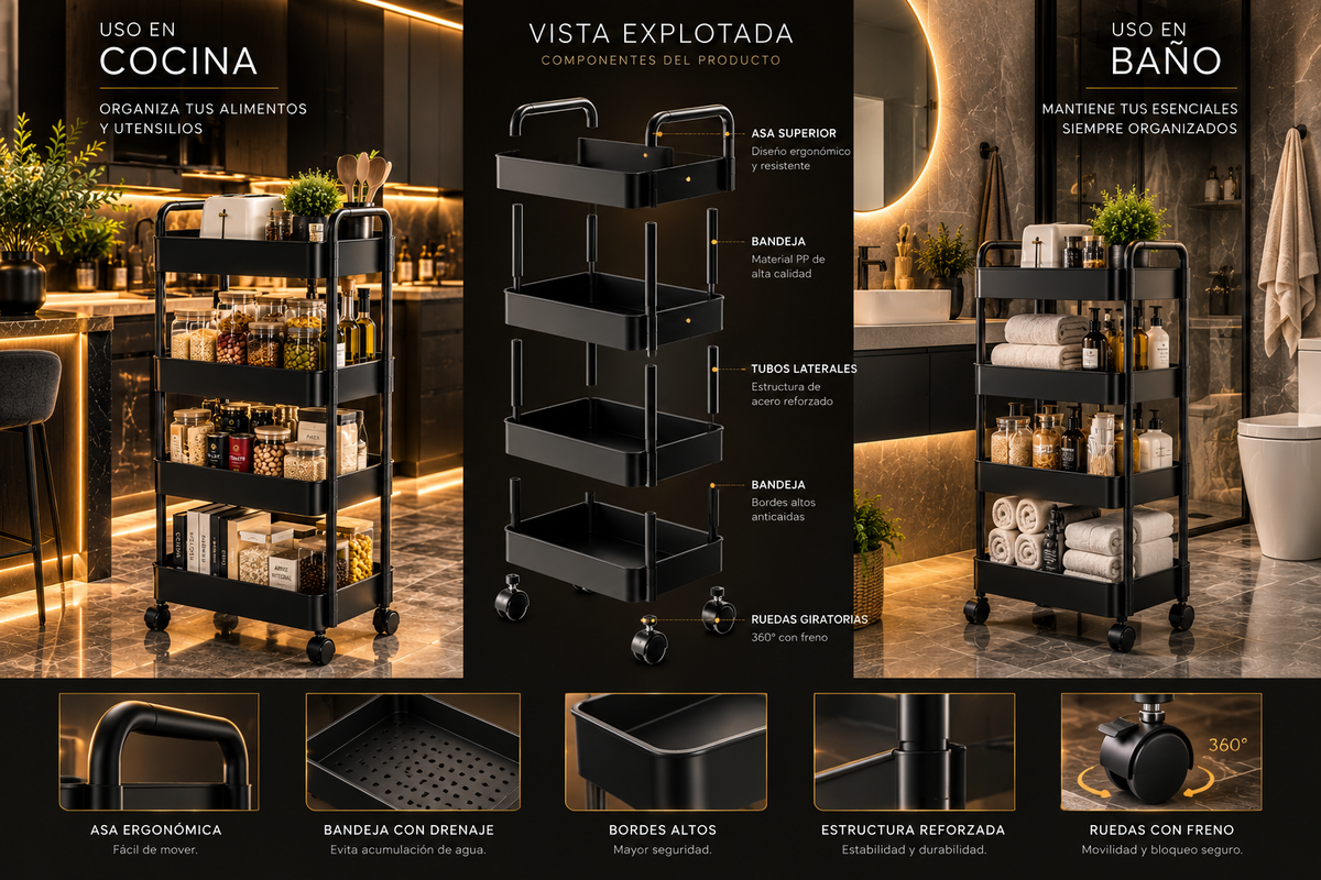 Carro Organizador de Cocina 4 Niveles con Ruedas - Multiusos