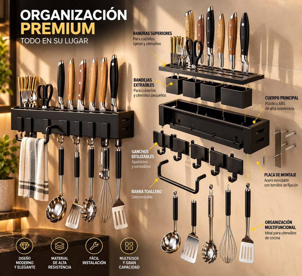 Organizador de Cuchillos y Utensilios de Pared - Ahorra Espacio