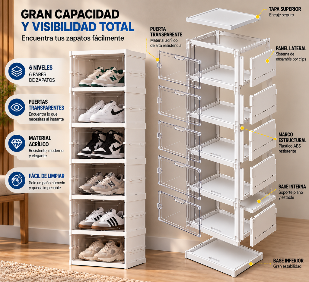 Organizador de Zapatos Acrílico Plegable 6 Niveles - Ahorra Espacio