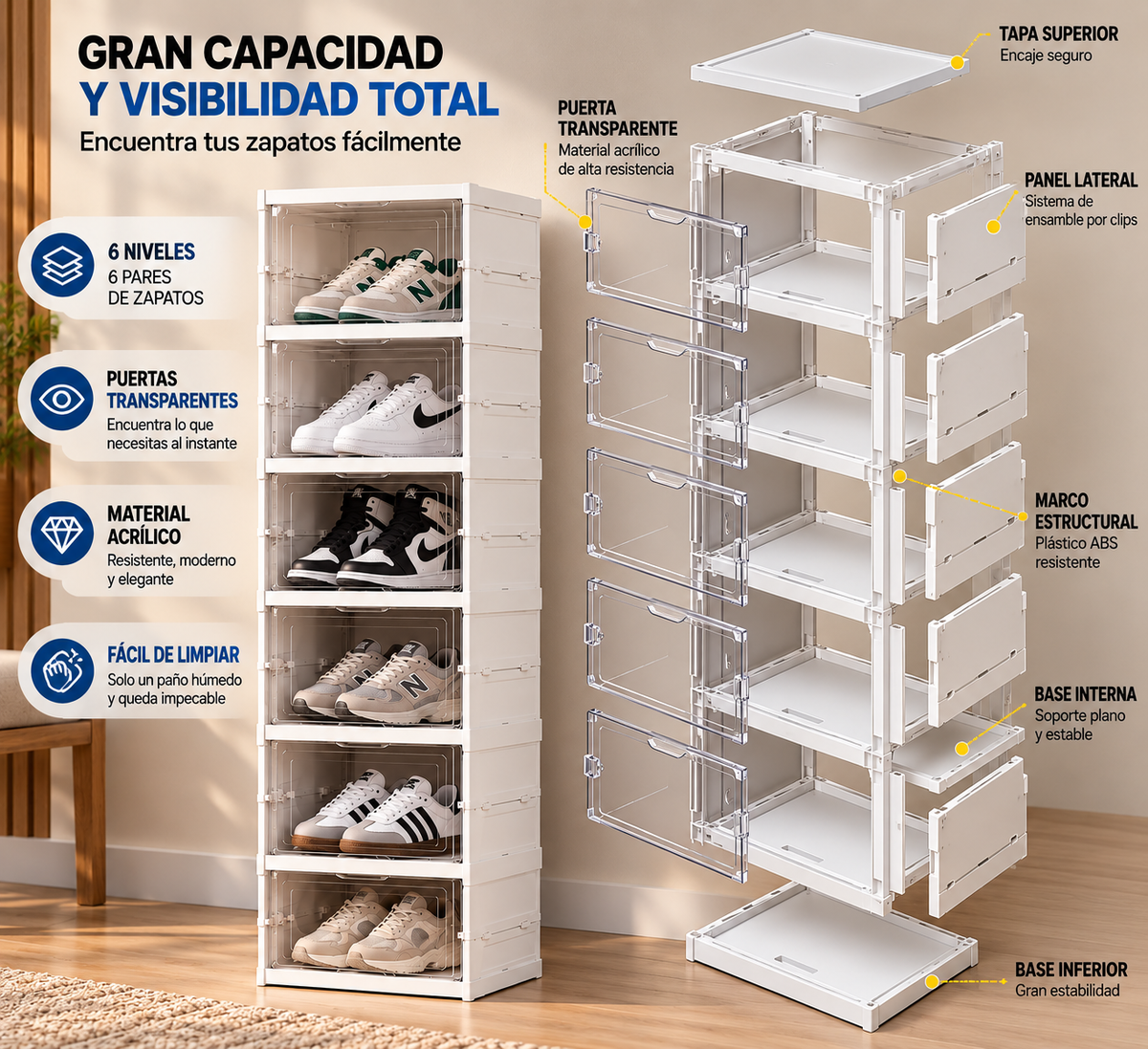Organizador de Zapatos Acrílico Plegable 6 Niveles - Ahorra Espacio